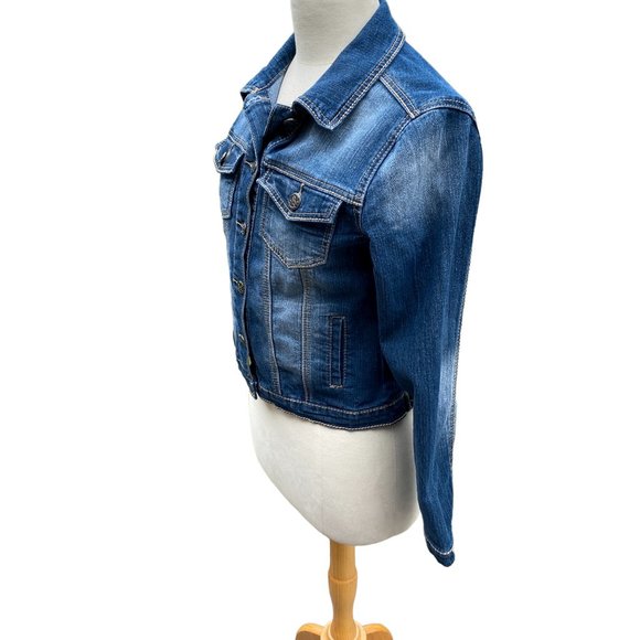 Earl Jean Distressed Faded Denim Trucker Jean Jacket-Gilmore Girls vibe-size S - Picture 8 of 16